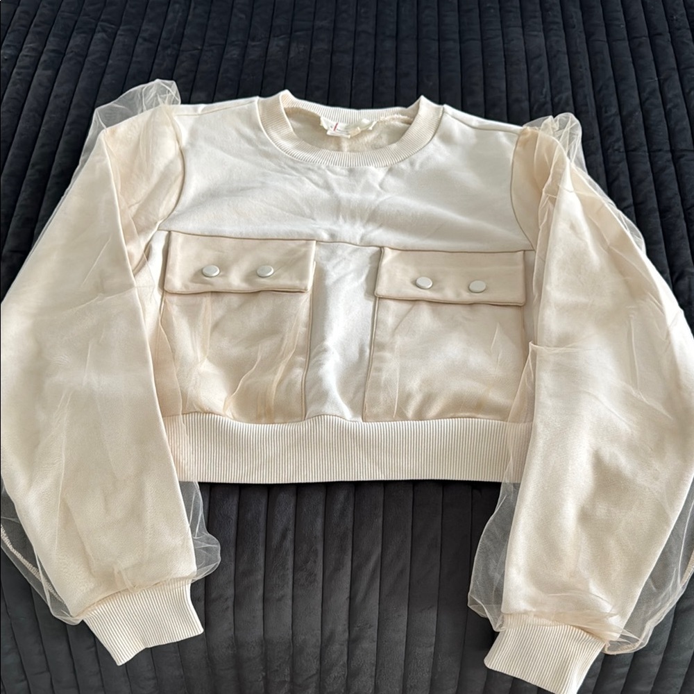 Anthropologie Cream Crop Top with Sheer Sleeves XS